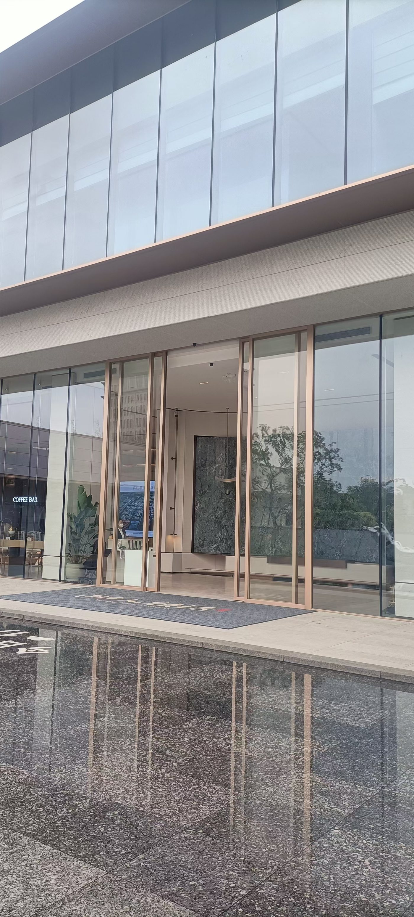 铜框玻璃自动门:商业建筑主入口的铜色框通高玻璃门,与两侧幕墙竖向分格对齐