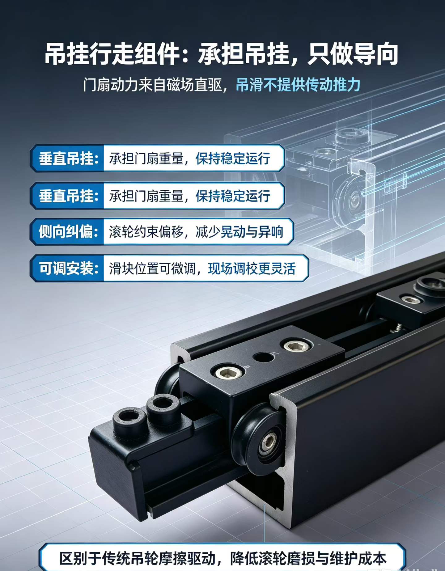 德恩科150磁悬浮自动门吊挂行走组件,吊挂滑块与侧向滚轮安装在轨道上