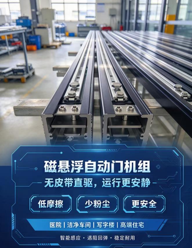 150外贸款磁悬浮自动门电机车间实拍，多组免皮带直驱门机轨道排列