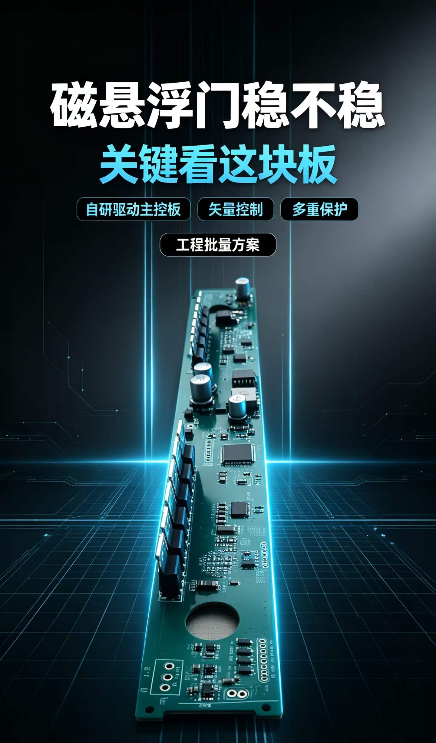 德恩科磁悬浮自动门主控板实物，长条形绿色控制板带接线端子与保护元件